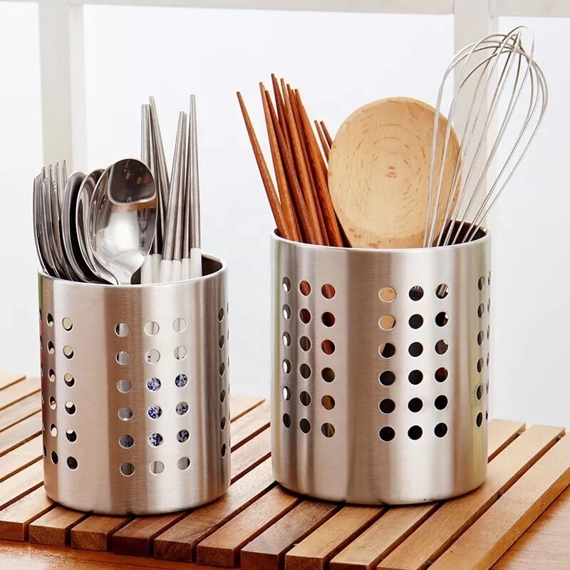 Kitchen Utensil Drying Cylinder with Drain Holes, Stainless Steel Utensil Holder