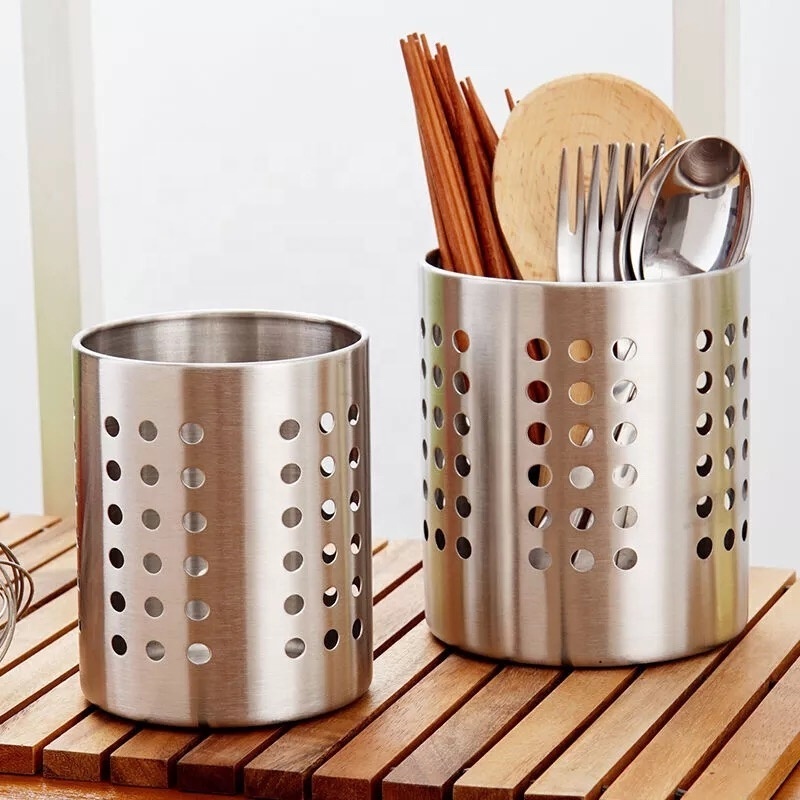 Kitchen Utensil Drying Cylinder with Drain Holes, Stainless Steel Utensil Holder