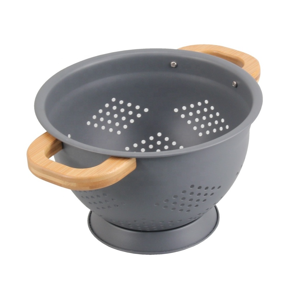 Color Powder Coating with bamboo Handles Stainless Steel Colander