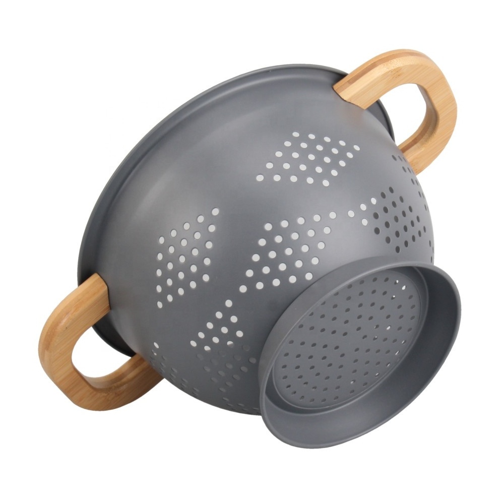 Color Powder Coating with bamboo Handles Stainless Steel Colander