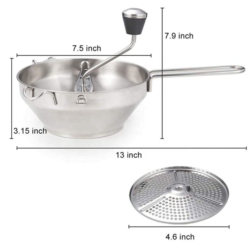 Rotary Food Mill Vegetable Strainer Potato Masher Grinder with 3 Milling Discs, Stainless Steel Food Mill