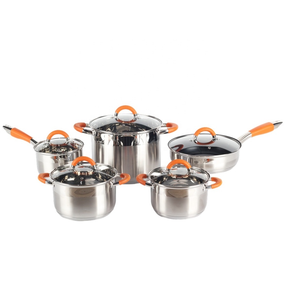 Silver with Orange Handles, 10-Piece Stainless Steel Cookware Set