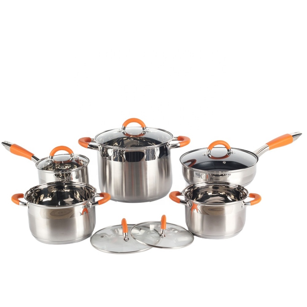 Silver with Orange Handles, 10-Piece Stainless Steel Cookware Set