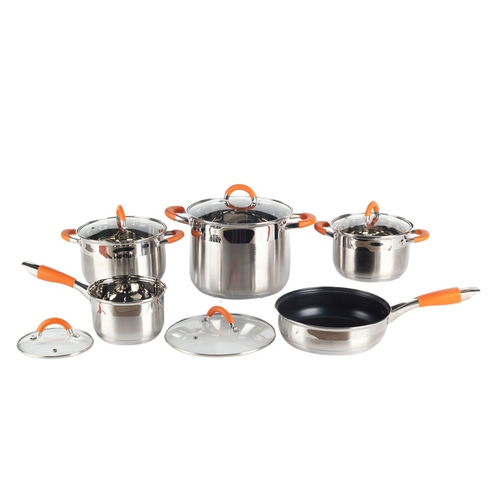 Silver with Orange Handles, 10-Piece Stainless Steel Cookware Set