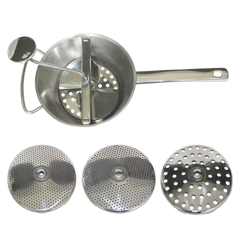 Stainless Steel Rotary Hand Crank Manual Grinder Mill with 3 Milling Discs for Mashing, Straining, Food Mill