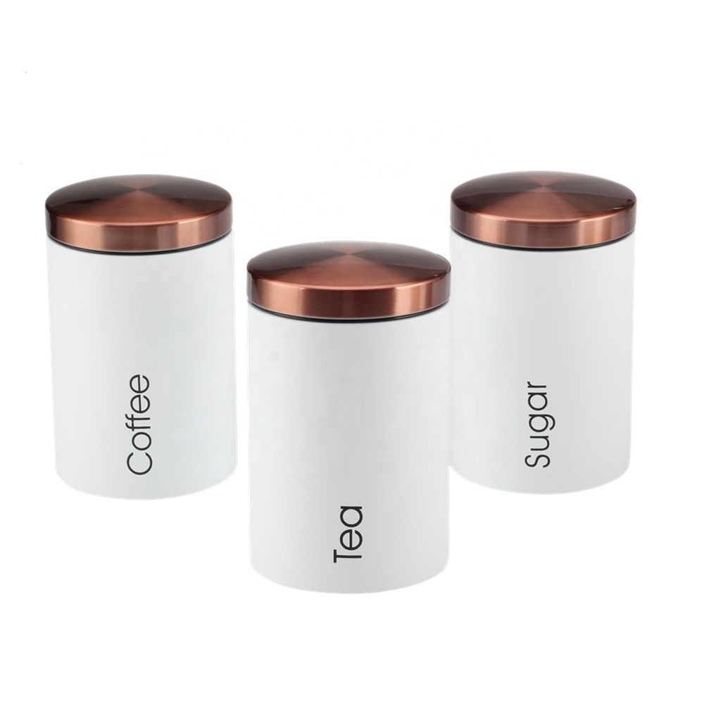 Set of 3 Large White Storage Canisters, Kitchen Stainless Steel Coffee Sugar Tea Canister