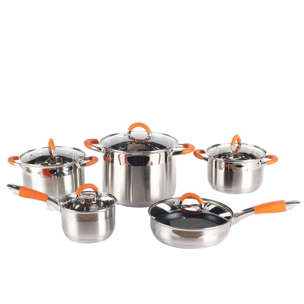 Silver with Orange Handles, 10-Piece Stainless Steel Cookware Set