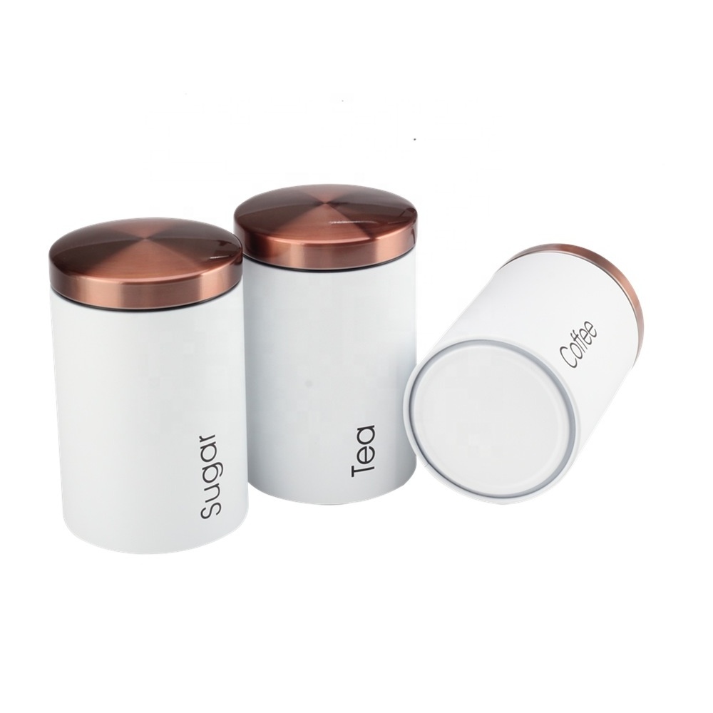 Set of 3 Large White Storage Canisters, Kitchen Stainless Steel Coffee Sugar Tea Canister