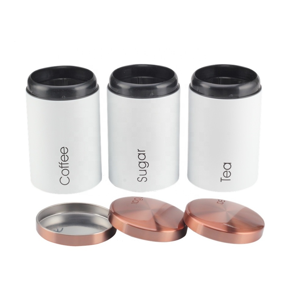 Set of 3 Large White Storage Canisters, Kitchen Stainless Steel Coffee Sugar Tea Canister