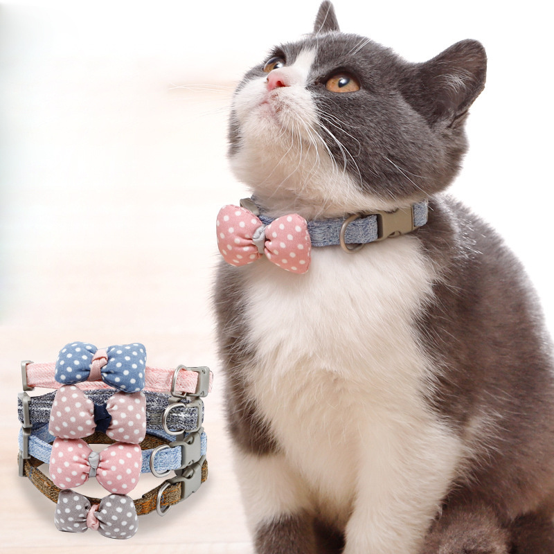 Gentleman'S Cotton-Filled Series Cat Collar Cotton Core-Spun Polka Dot Bowknot Cat Collar Pet Accessories