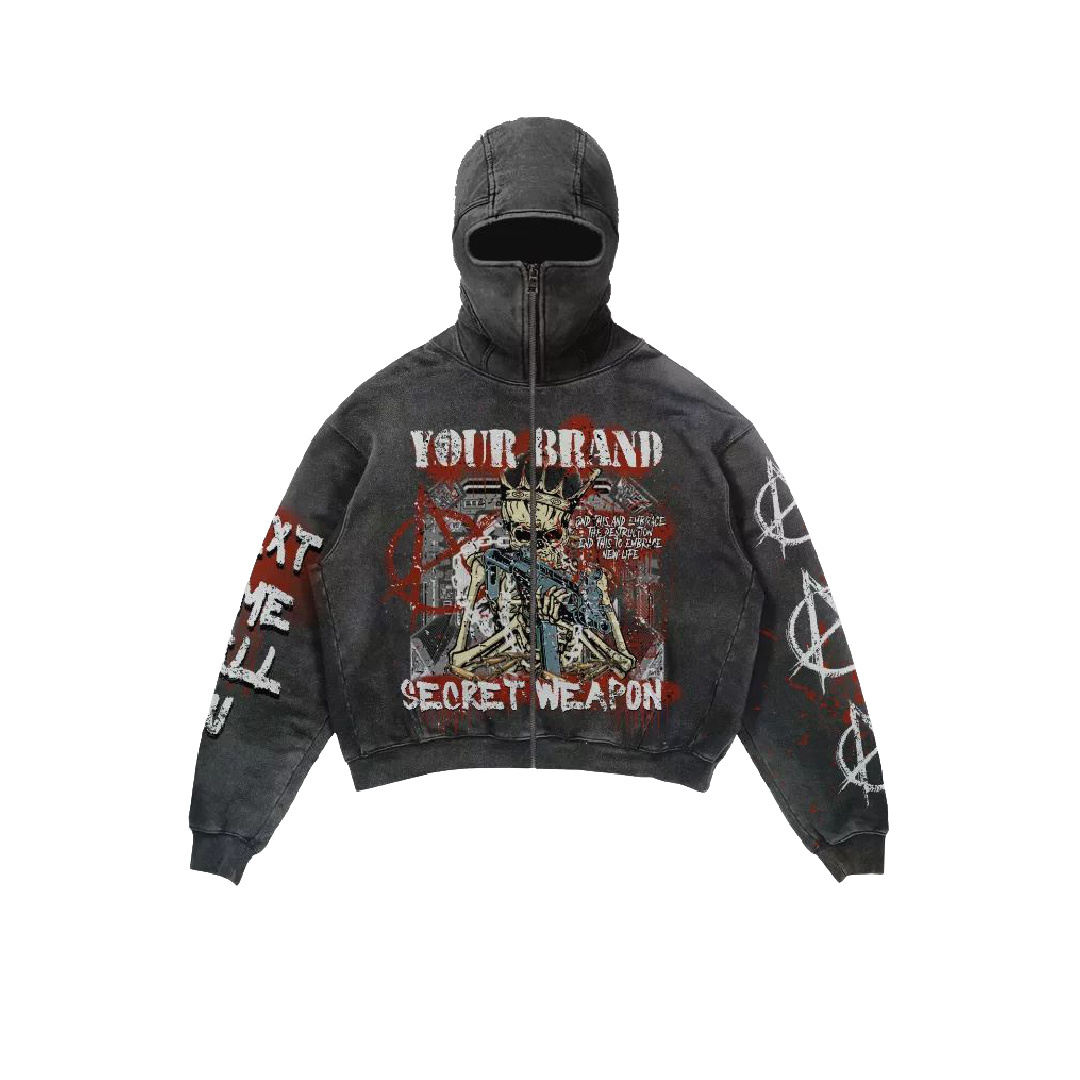 Custom Masked Zipup Printed Drop Shoulder Vintage Street Style Washed Cotton Men Balaclava Ninja  Hoodie