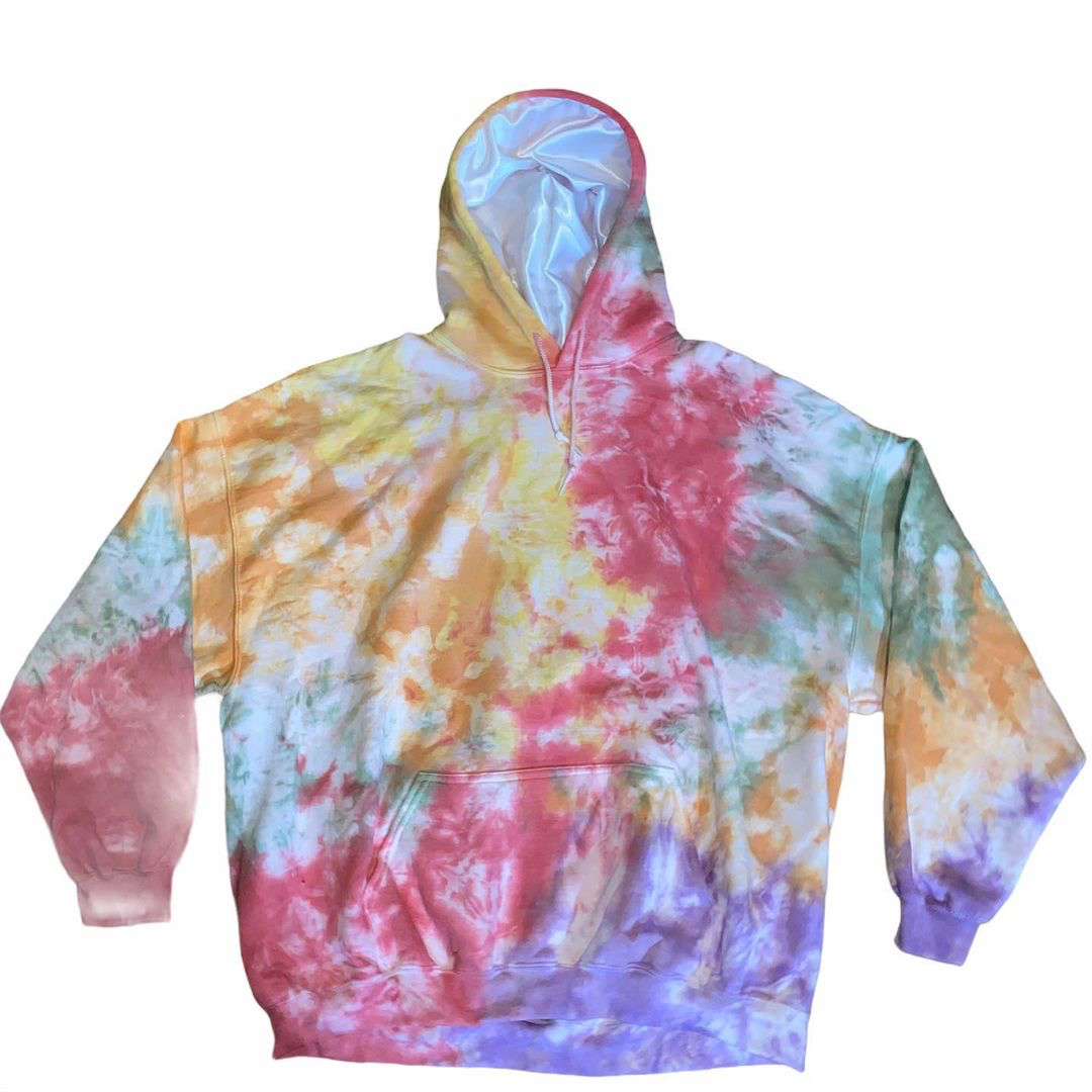 Custom high quality unisex split pattern linen women embossed colorful with hood set full silk tie dye satin lined hoodie