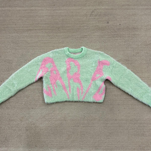 Custom Winter Letter Jacquard Cropped Oversized Fuzzy Solid Color Knitted Mohair Sweater Manufacturers