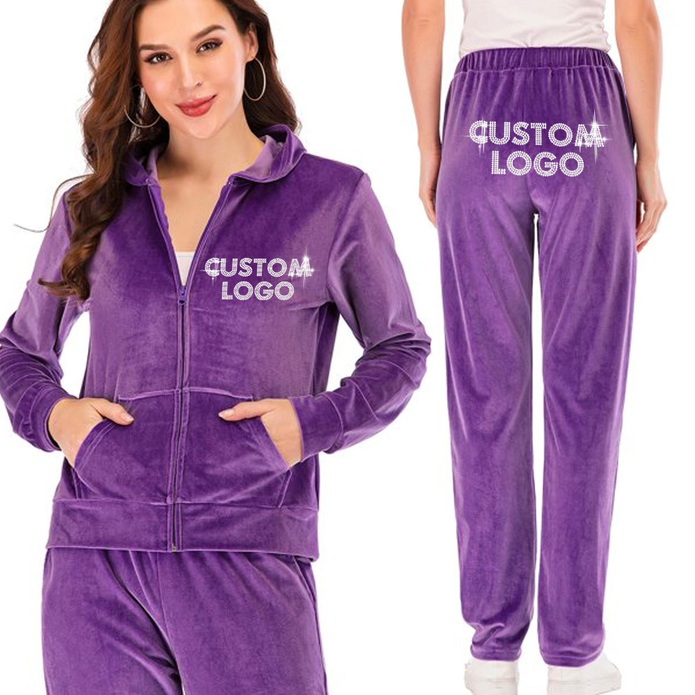 Custom design logo heavyweight ladies letter velour  stacked pants 2pc tracksuit womens with rhinestone jogger set