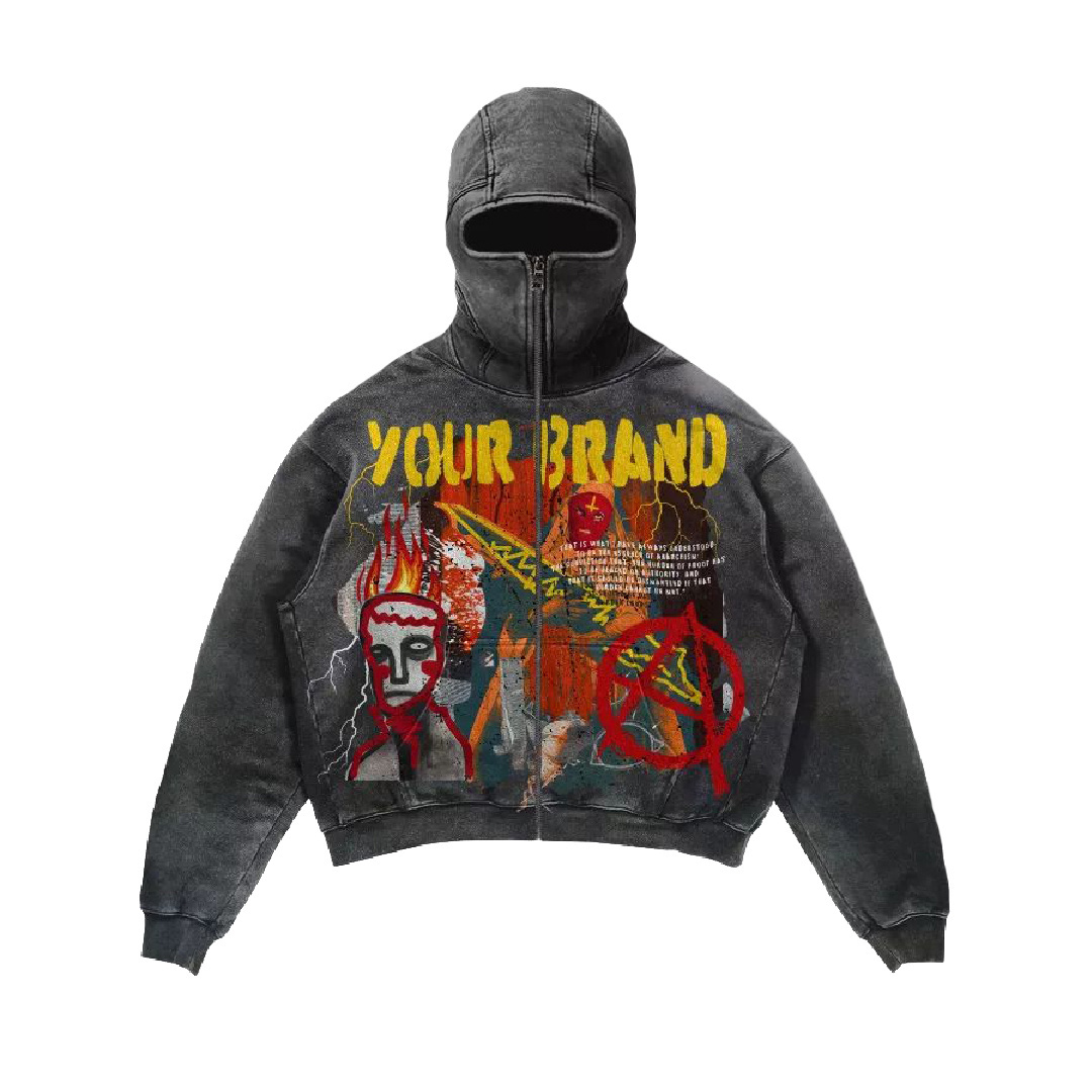 Custom Masked Zipup Printed Drop Shoulder Vintage Street Style Washed Cotton Men Balaclava Ninja  Hoodie