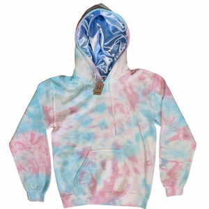 Custom high quality unisex split pattern linen women embossed colorful with hood set full silk tie dye satin lined hoodie