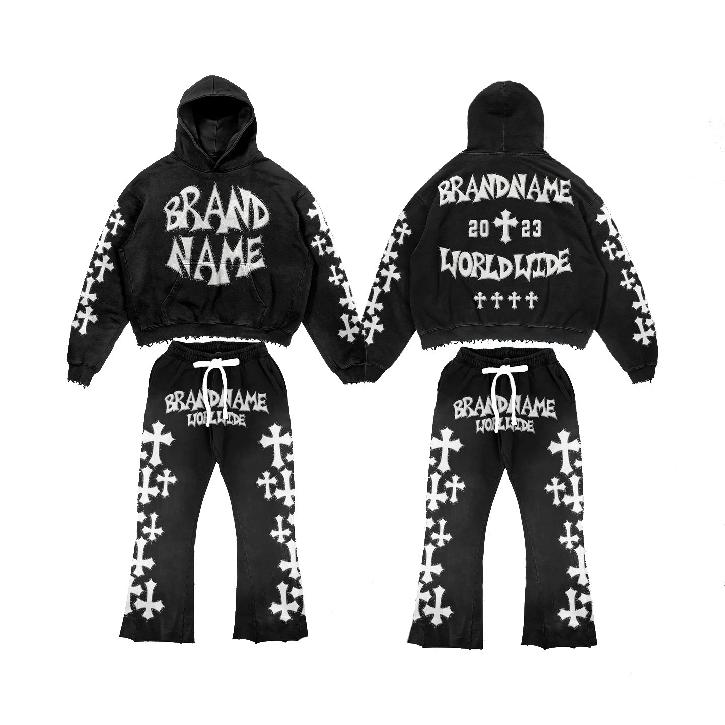 Custom Your Brand Acid Wash Streetwear Premium Print Black Distressed Flare Sweatpants And Hoodie Set Unisex