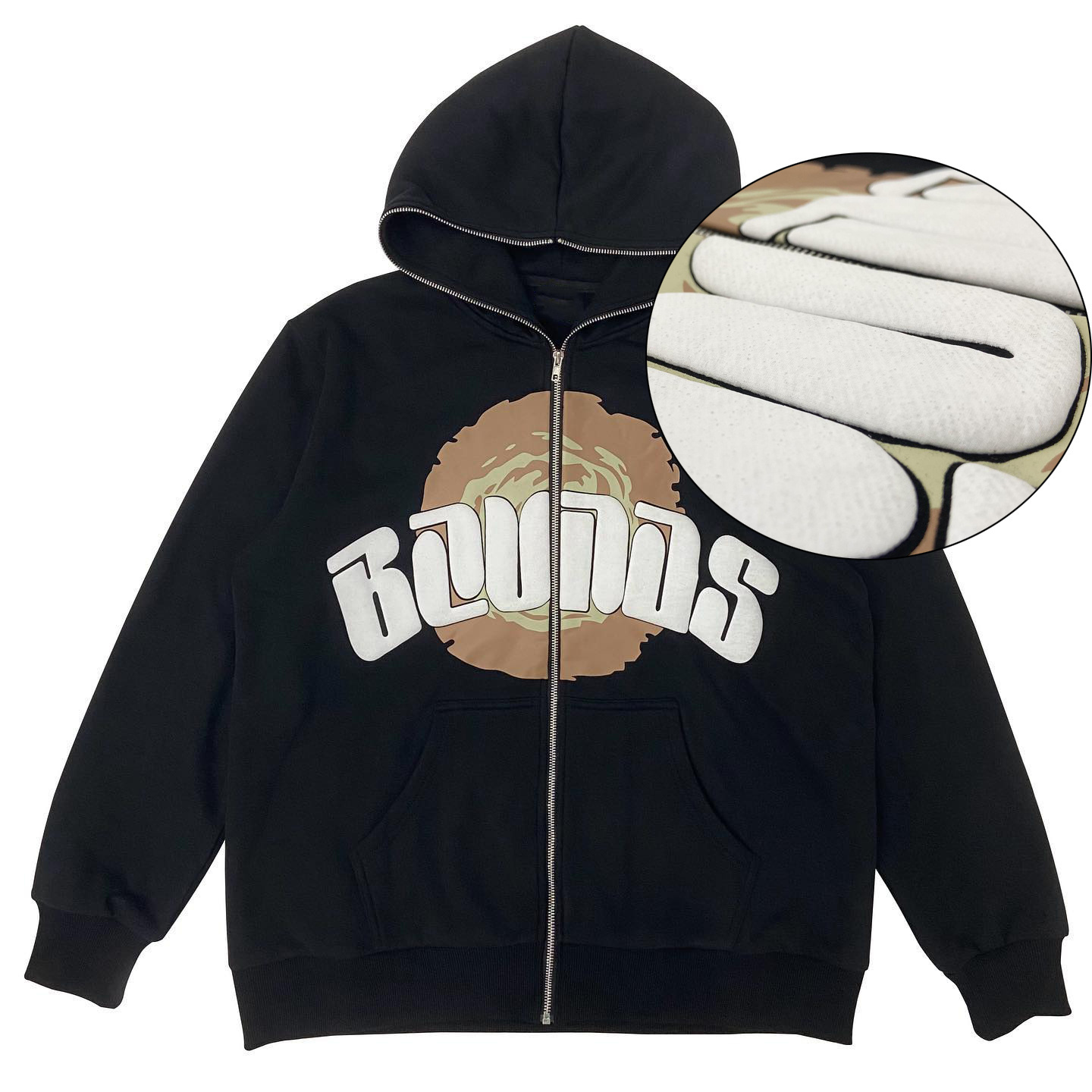 Custom Wholesale 100% Cotton Premium 3D Full Zip Up Puff Print Hoodie