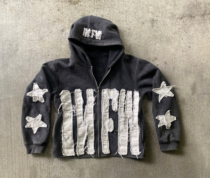 Custom High Quality Streetwear Wash Cut And Sew Zip Up Applique Hoodie Distressed Embroidery Patch Hoodie