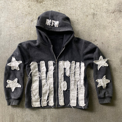 Custom High Quality Streetwear Wash Cut And Sew Zip Up Applique Hoodie Distressed Embroidery Patch Hoodie