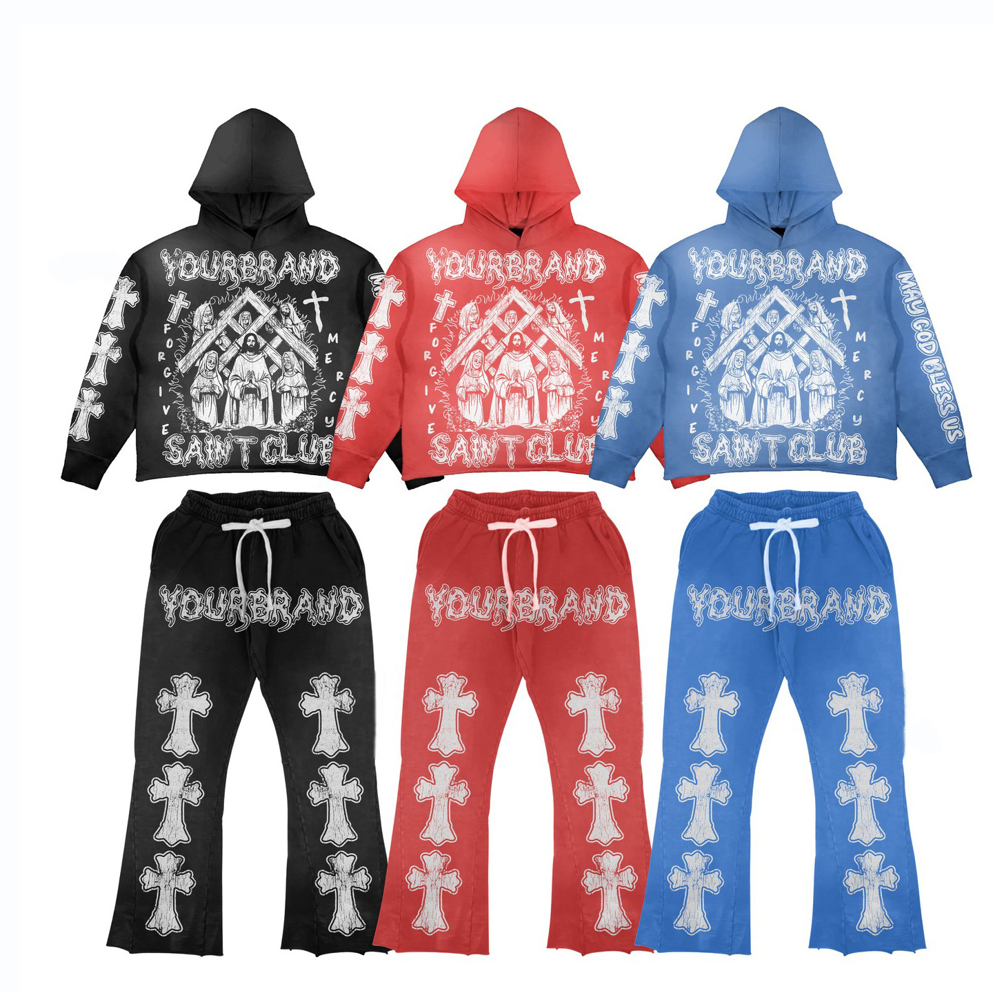 Custom Your Brand Acid Wash Streetwear Premium Print Black Distressed Flare Sweatpants And Hoodie Set Unisex