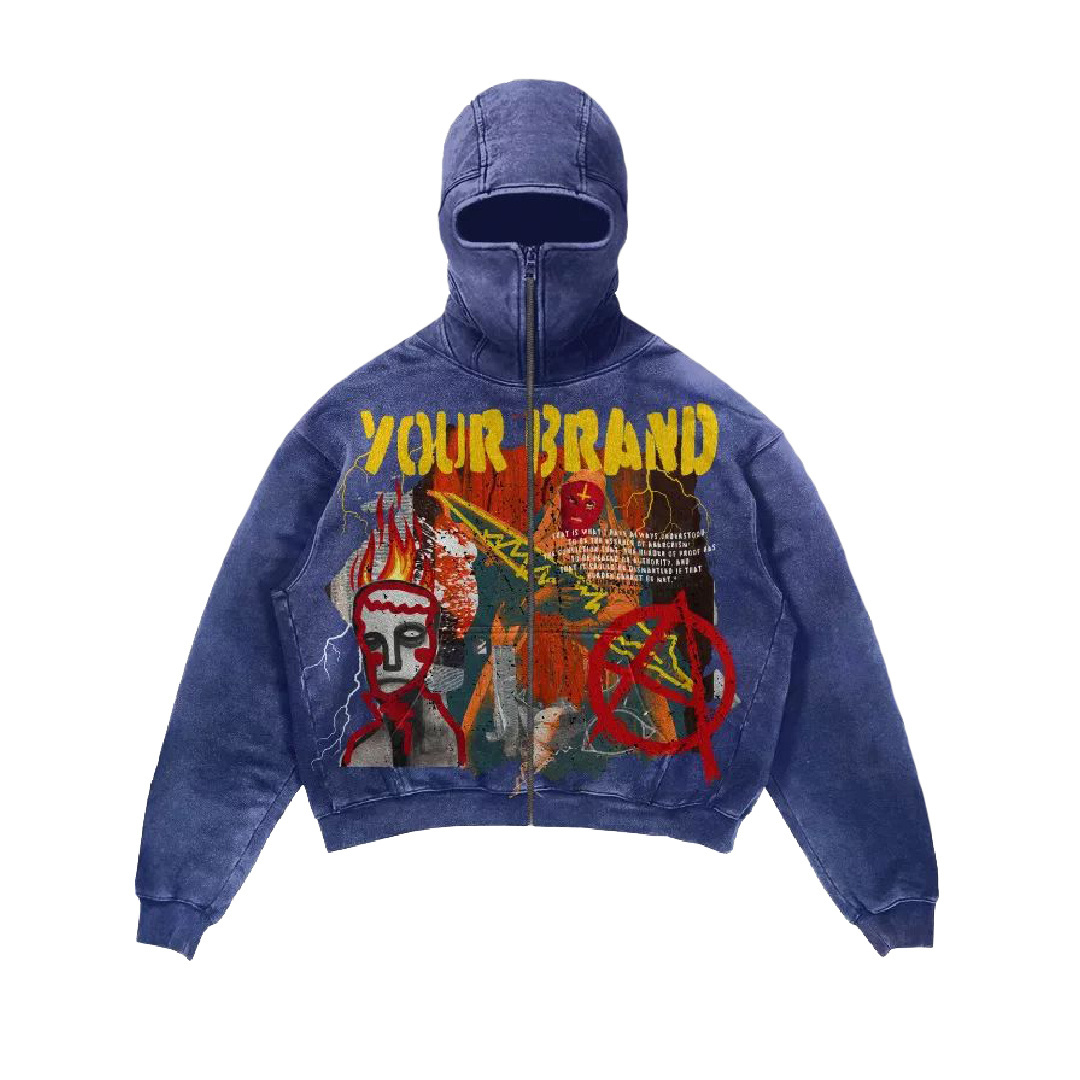 Custom Masked Zipup Printed Drop Shoulder Vintage Street Style Washed Cotton Men Balaclava Ninja  Hoodie