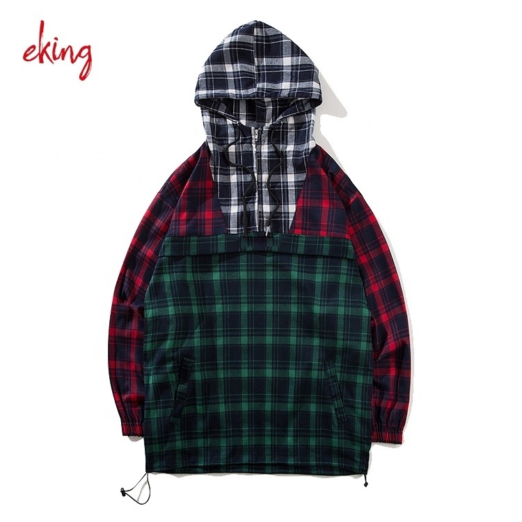 Men's Classic Check quarter zipper Shirt Long Sleeve Plaid Cotton Shirts with hoody