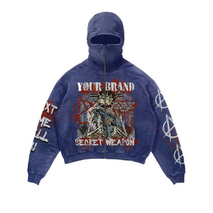 Custom Drop Shoulder Oversized Acid Wash Zip Up Vintage Printed High Quality Streetwear Balaclava Ninja  Hoodie