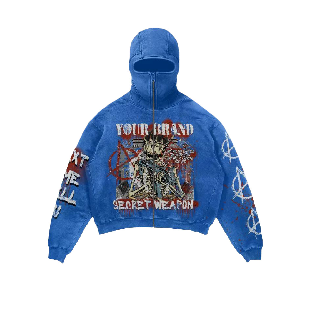 Custom Masked Zipup Printed Drop Shoulder Vintage Street Style Washed Cotton Men Balaclava Ninja  Hoodie