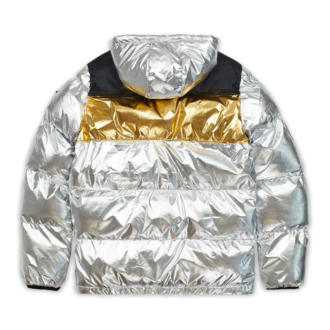 Custom OEM Fashion New Design Winter Nylon Fabric Zip Hooded Shiny Bubble Coat Silver Metallic Down Puffer Jacket Men