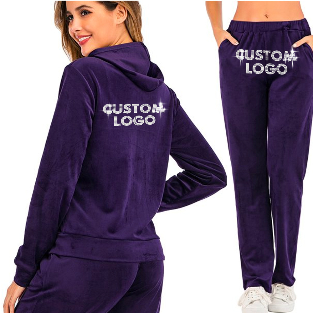 Custom design logo heavyweight ladies letter velour  stacked pants 2pc tracksuit womens with rhinestone jogger set