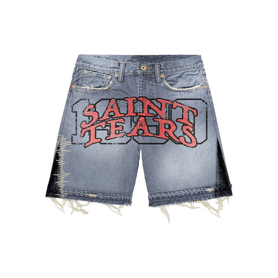 Custom Patch Embroidery Casual Streetwear Distressed Acid Wash  Jeans Shorts Vintage Y2k Graphic Denim Shorts Men