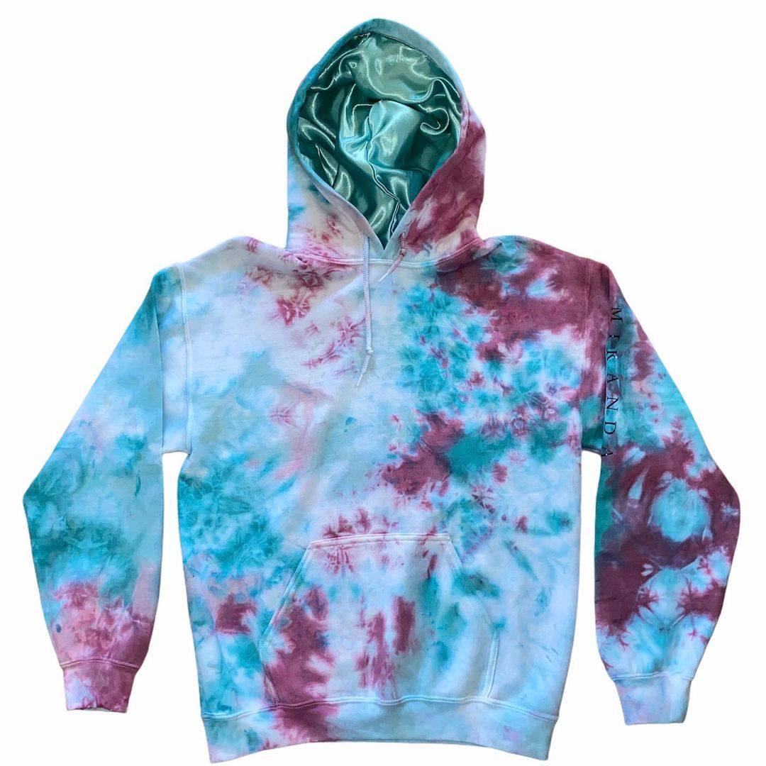 Custom high quality unisex split pattern linen women embossed colorful with hood set full silk tie dye satin lined hoodie