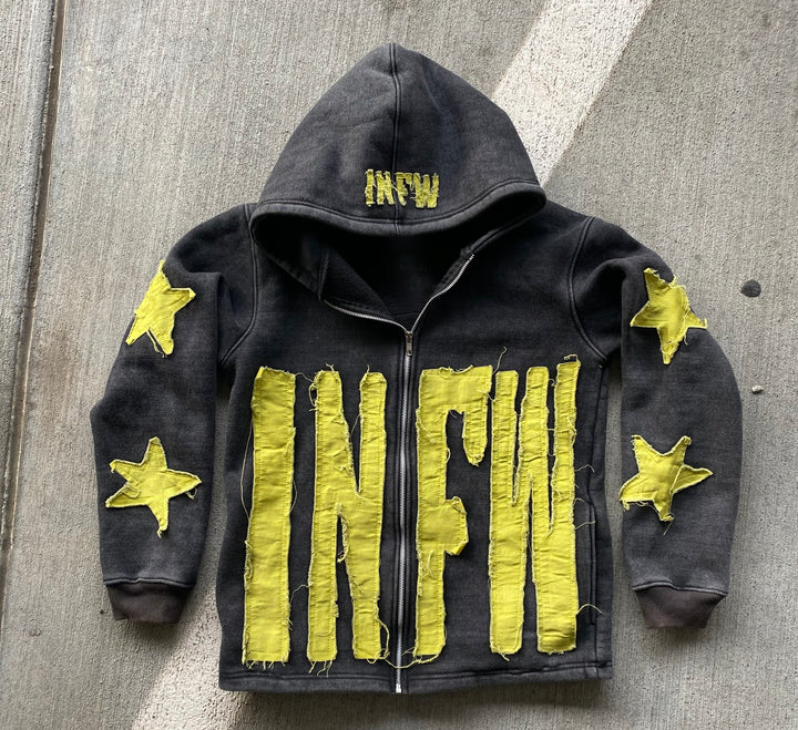 Custom High Quality Streetwear Wash Cut And Sew Zip Up Applique Hoodie Distressed Embroidery Patch Hoodie