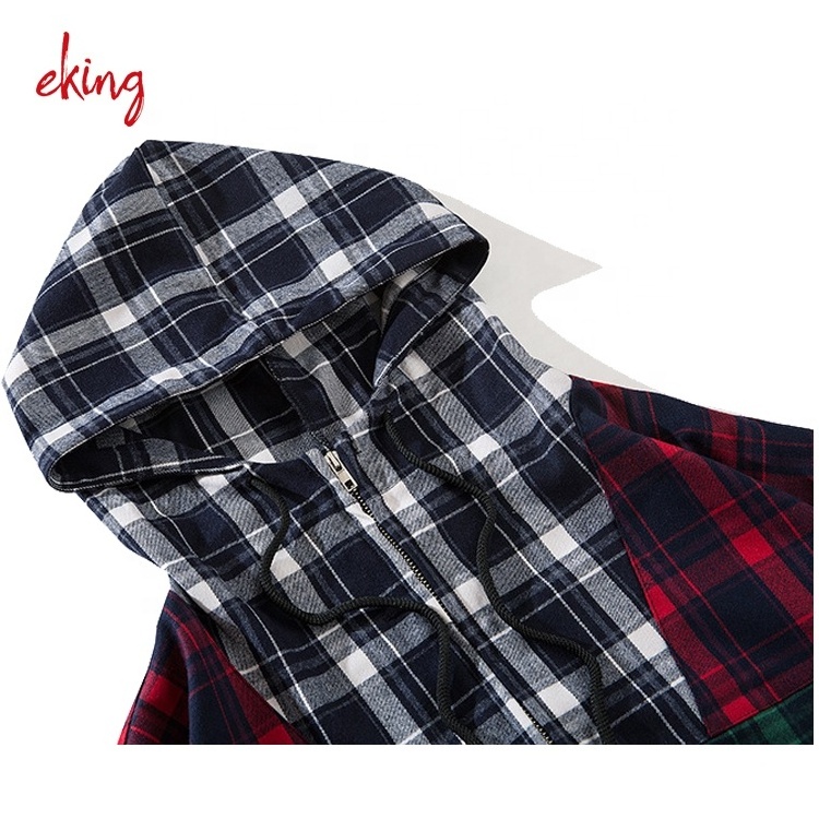 Men's Classic Check quarter zipper Shirt Long Sleeve Plaid Cotton Shirts with hoody