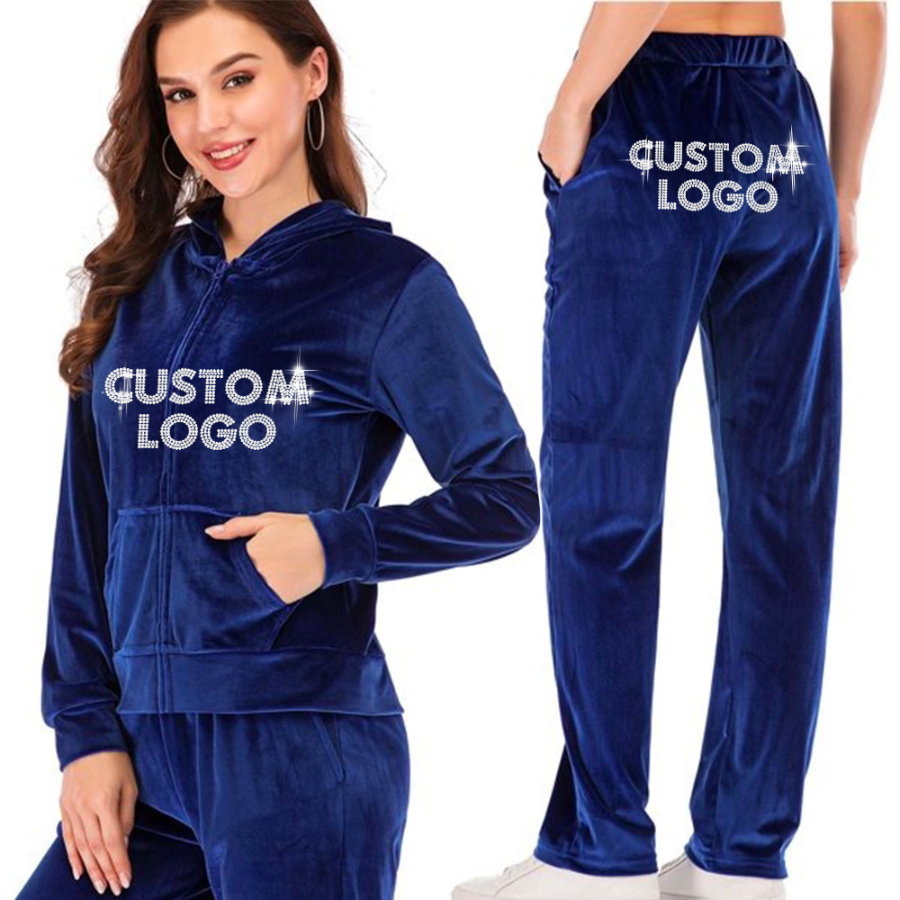 Custom design logo heavyweight ladies letter velour  stacked pants 2pc tracksuit womens with rhinestone jogger set