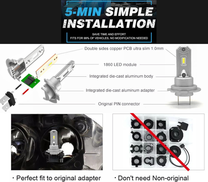 Fanless Car Light H7 H4 H13 9004 HB1 9007 HB3 HB4 HB5 Mini Led Bulb Led Headlight Bulb