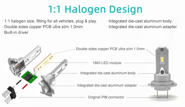 V1 Fanless Car Light Bulb Fog Light All In One Led Head Lamp H8 H9 H10 H11 HB3 HB4 Led Headlight Bulb