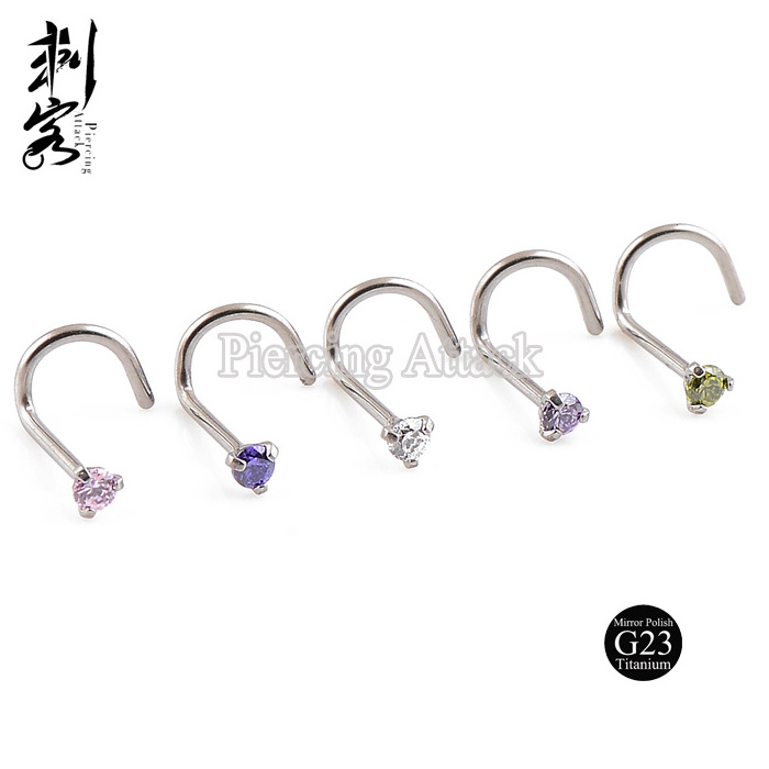 G23 Solid Titanium Prong Set Cubic Zirconia Stone Free Nose Ring