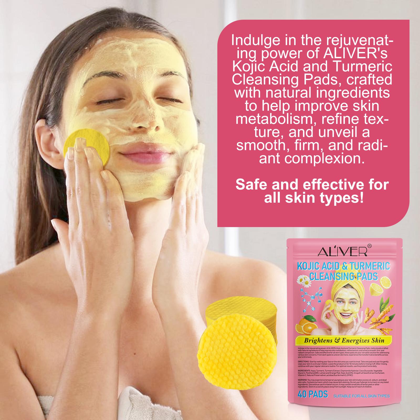 ALIVER 40 Pads Facial Care Natural Skin Brightening Kojic Acid Turmeric Cleansing Pads For Face Dark Spots