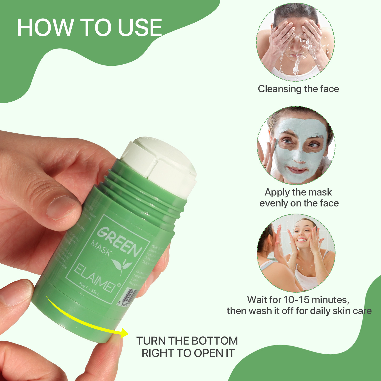 ELAIMEI Natural Facial Mask Stick Deep Cleansing Whitening Moisturizing Skin Repair Removes Blackheads Green Tea Clay Mask Stick