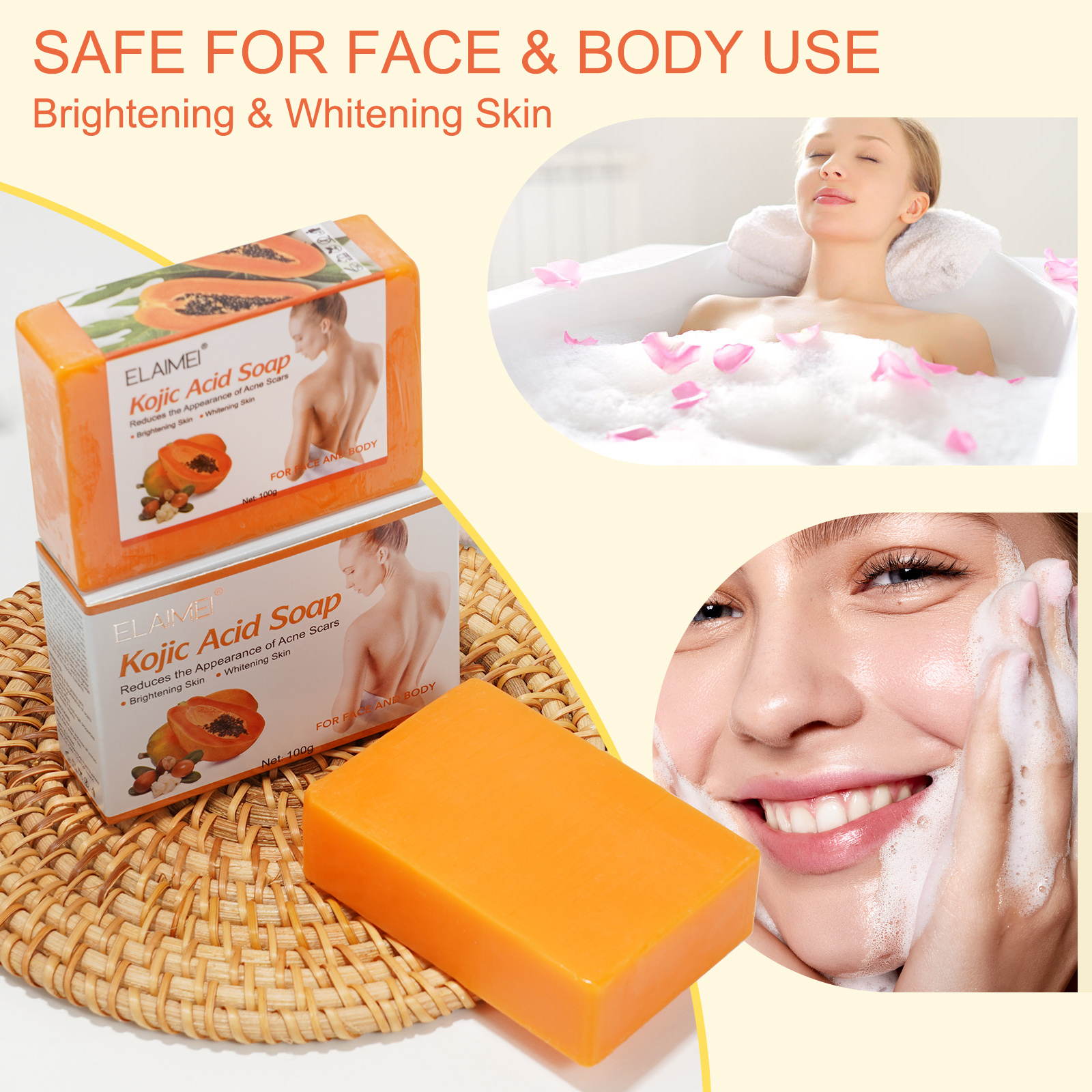 OEM Private Label Natural Organic Bath Bar Solid Papaya Soap Handmade Skin Whitening Brightening Deep Cleansing Kojic Acid Soap