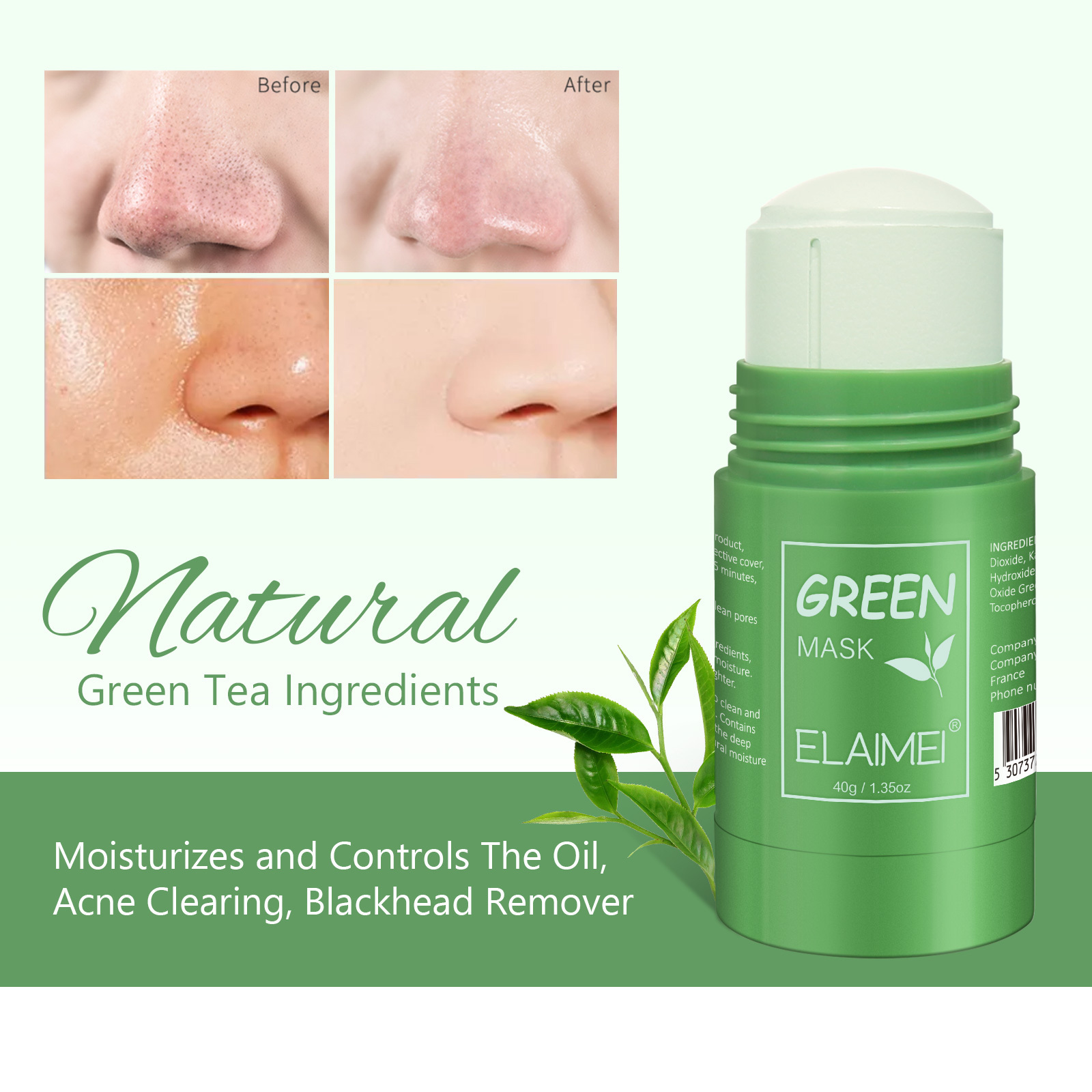 ELAIMEI Natural Facial Mask Stick Deep Cleansing Whitening Moisturizing Skin Repair Removes Blackheads Green Tea Clay Mask Stick