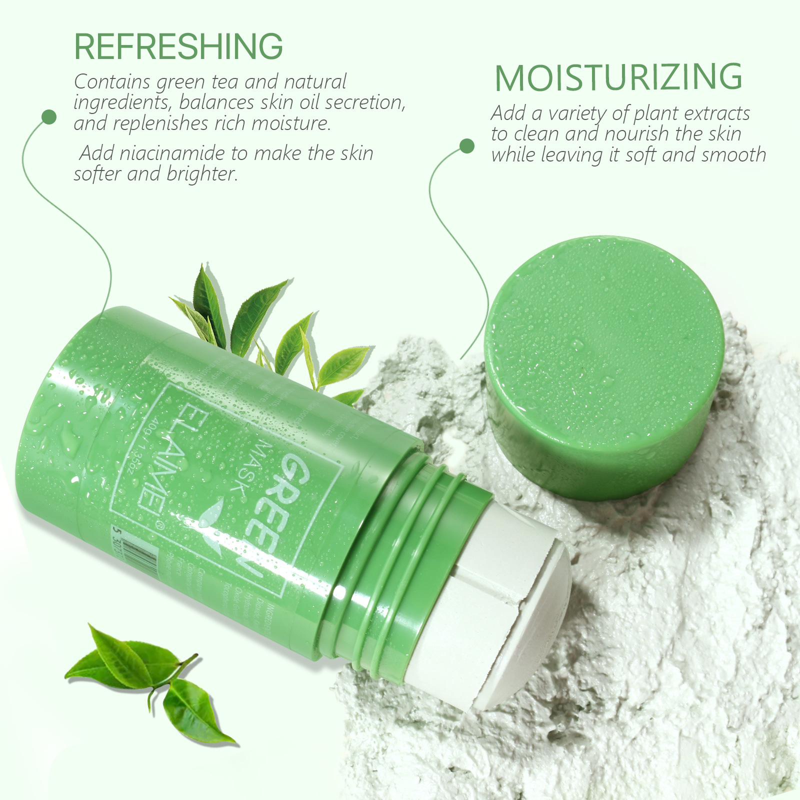 ELAIMEI Natural Facial Mask Stick Deep Cleansing Whitening Moisturizing Skin Repair Removes Blackheads Green Tea Clay Mask Stick