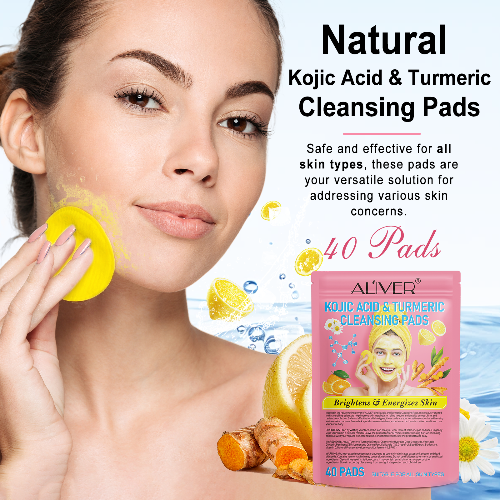 ALIVER 40 Pads Facial Care Natural Skin Brightening Kojic Acid Turmeric Cleansing Pads For Face Dark Spots