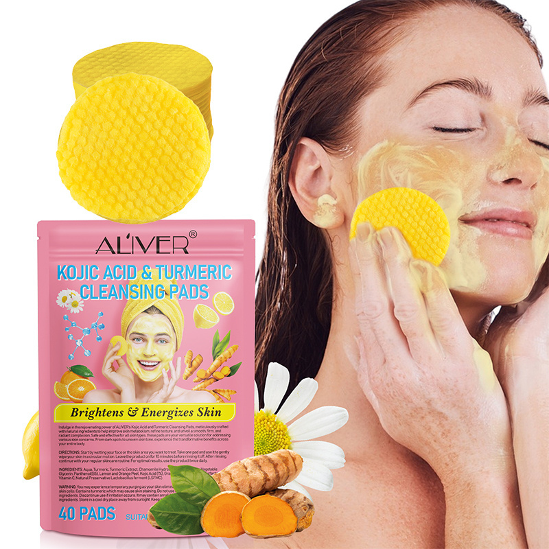 ALIVER 40 Pads Facial Care Natural Skin Brightening Kojic Acid Turmeric Cleansing Pads For Face Dark Spots