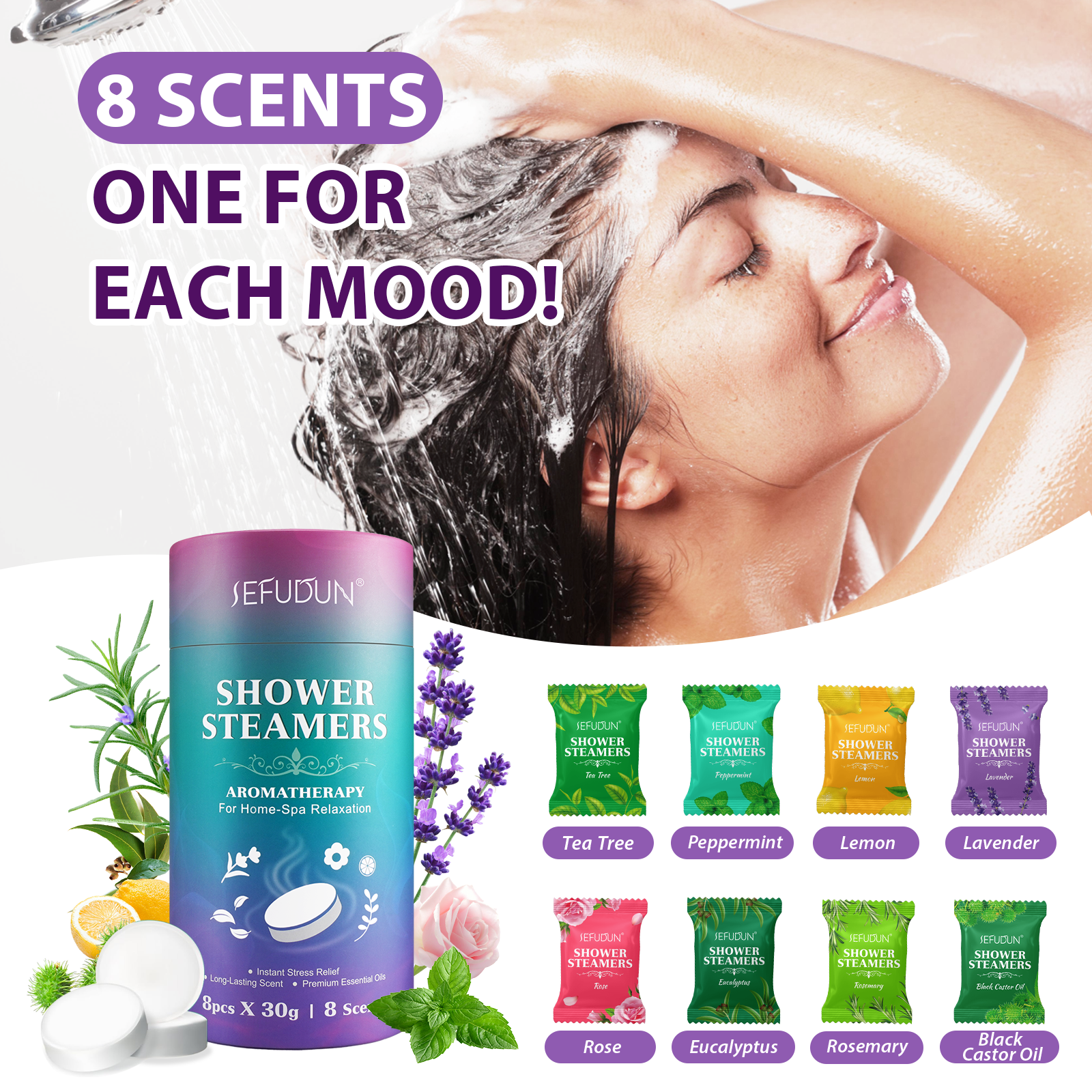 SEFUDUN Natural Bath  Fizzies Long Lasting Scent Shower Steamers Aromatherapy Shower Bombs For Women Men Instant Stress Relief