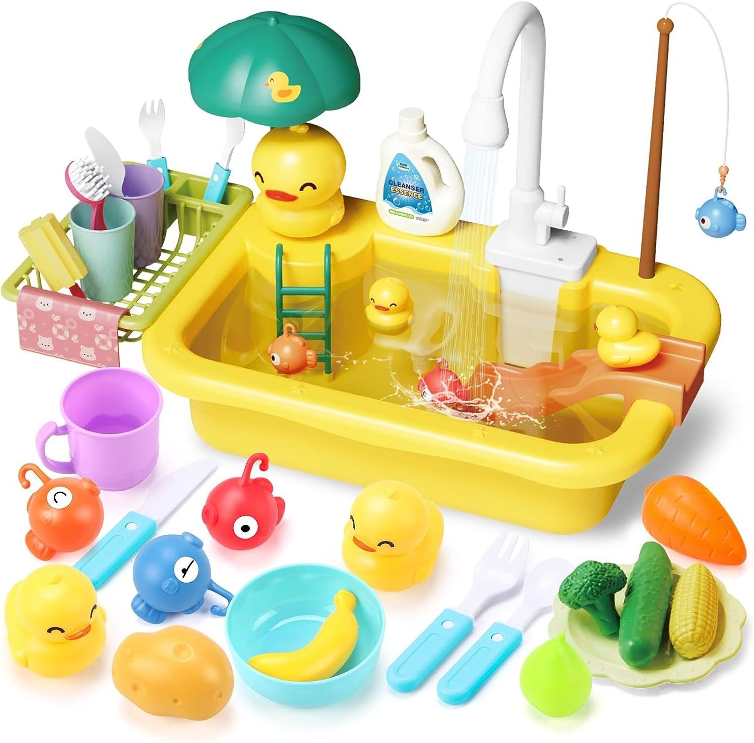 Play Sink with Running Water Toddler Sink Toy Automatic Water Fishing Game Dish Rack Play Food Pretend Play Kitchen Sink Toy