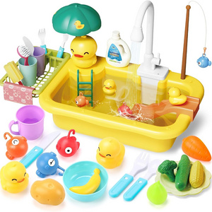 Play Sink with Running Water Toddler Sink Toy Automatic Water Fishing Game Dish Rack Play Food Pretend Play Kitchen Sink Toy