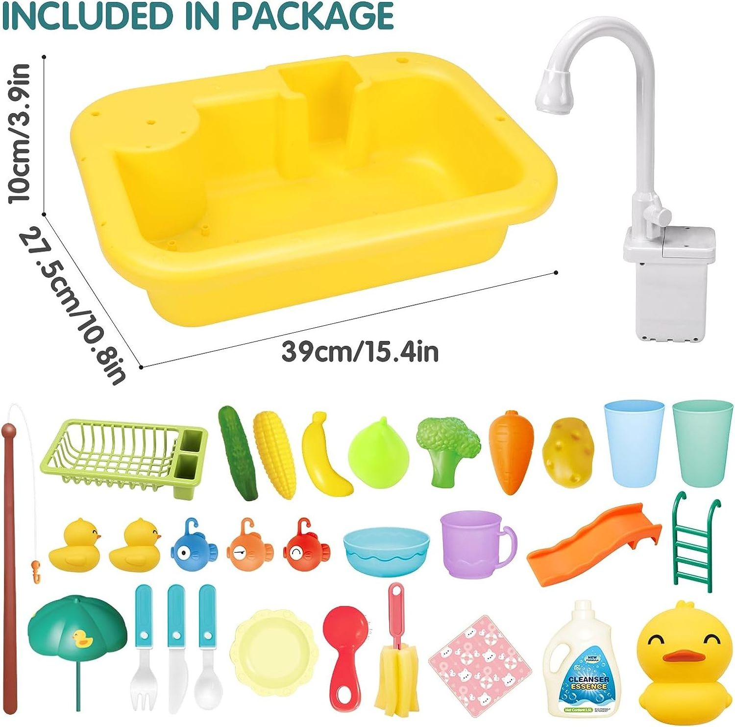 Play Sink with Running Water Toddler Sink Toy Automatic Water Fishing Game Dish Rack Play Food Pretend Play Kitchen Sink Toy